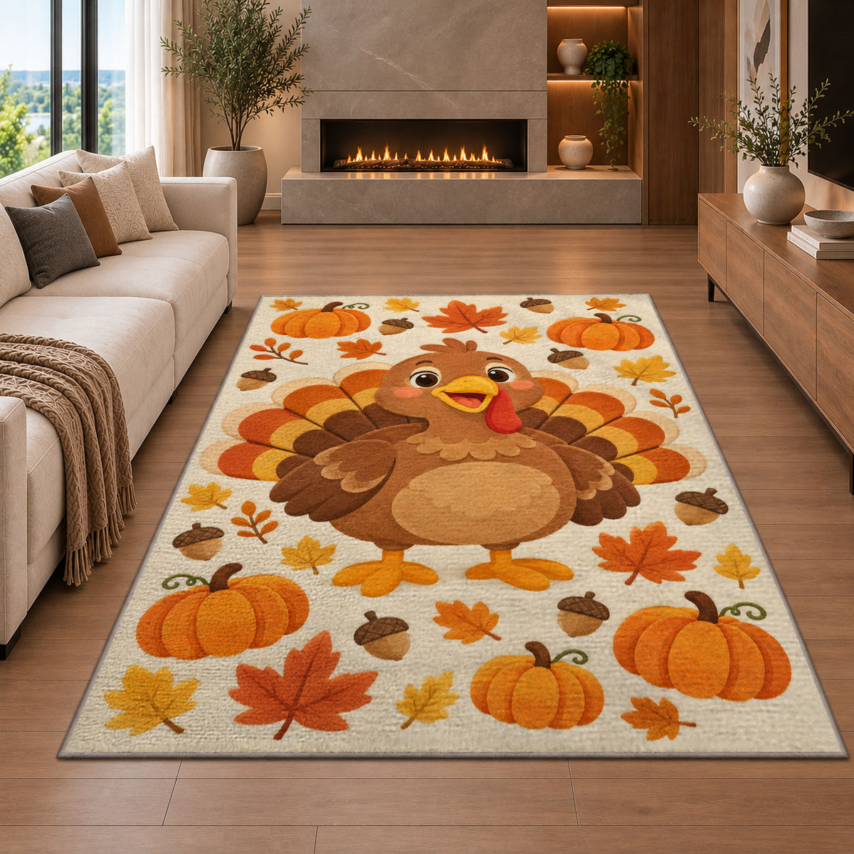Cute Turkey Kids Rug in a living room with a fireplace