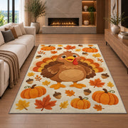 Cute Turkey Kids Rug in a living room with a fireplace