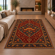Persian Style Pumpkin Rug in a living room with a fireplace
