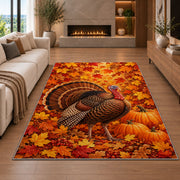 Turkey in Fall Leaves Rug in a living room with a fireplace