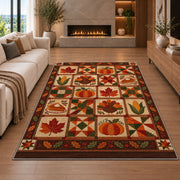 Thanksgiving Patchwork Rug in a living room with a fireplace