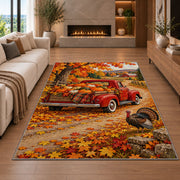 Red Vintage Truck Pumpkin Rug in a living room with a fireplace