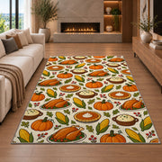 Thanksgiving Food Pattern Rug in a living room with a fireplace