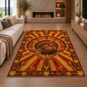 Turkey Sunburst Rug in a living room with a fireplace
