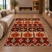 Southwestern Pumpkin Corn Rug in a living room with a fireplace