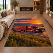Red semi truck at sunset rug in a living room with a fireplace
