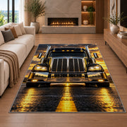 Chrome semi truck front rug in a living room with a fireplace