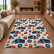 Semi truck pattern rug in a living room with a fireplace