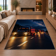 Semi truck convoy at night rug in a living room with a fireplace