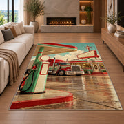Retro truck stop rug in a living room with a fireplace