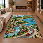 Illustrated road map with trucks rug in a living room with a fireplace
