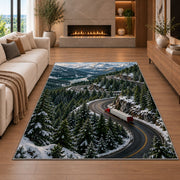 Semi truck on mountain pass rug in a living room with a fireplace