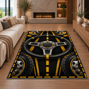 Truck steering wheel rug in a living room with a fireplace