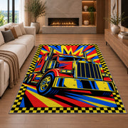 Pop art semi truck rug in a living room with a fireplace