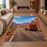 Semi truck on desert highway rug in a living room with a fireplace