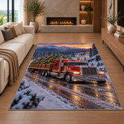 Christmas tree semi truck rug in a living room with a fireplace