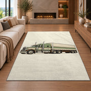 Vintage 1950s truck rug in a living room with a fireplace