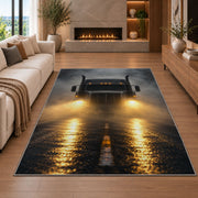 Semi truck headlights in fog rug in a living room with a fireplace