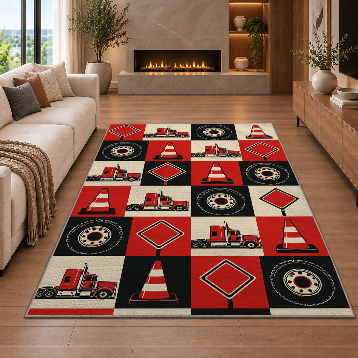 Checkered trucks and road signs rug in a living room with a fireplace