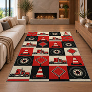 Checkered trucks and road signs rug in a living room with a fireplace