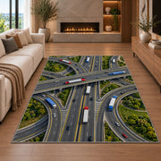 Highway interchange from above rug in a living room with a fireplace