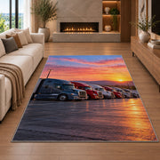 Semi trucks at a truck stop at sunrise rug in a living room with a fireplace