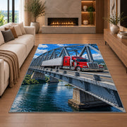 Semi truck crossing a steel bridge rug in a living room with a fireplace