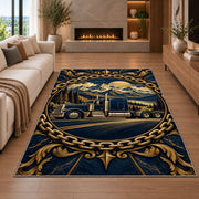 Trucker badge emblem rug in a living room with a fireplace