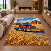 Semi truck on a country road rug in a living room with a fireplace