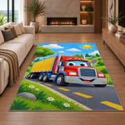 Cute cartoon semi truck rug in a living room with a fireplace