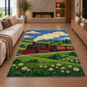 Vintage Steam Train Rug in a living room with a fireplace