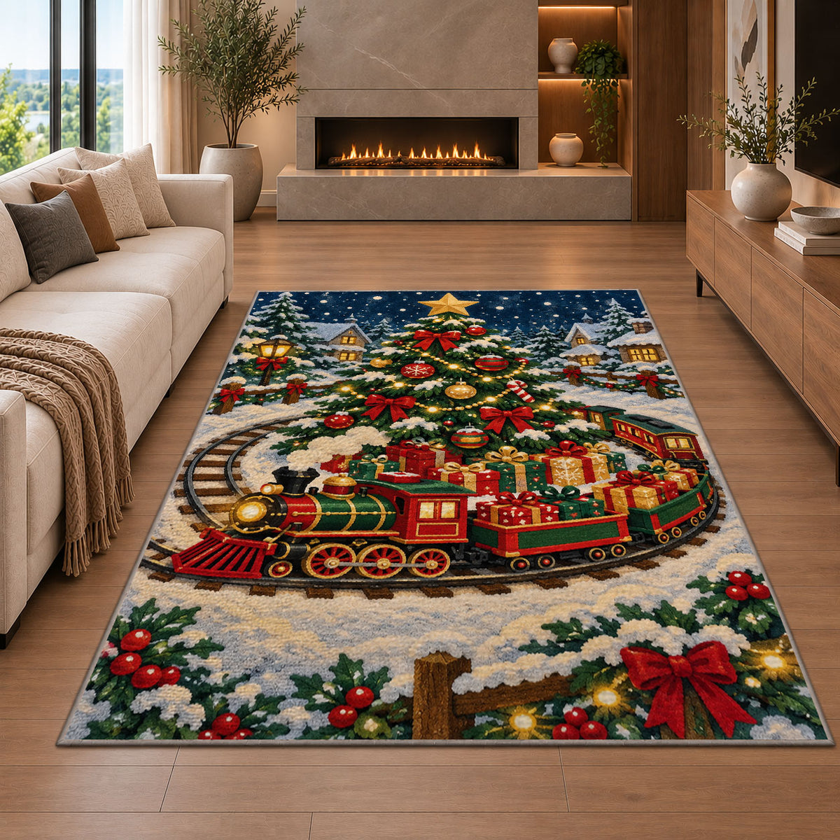 Christmas Train Rug in a living room with a fireplace