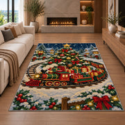 Christmas Train Rug in a living room with a fireplace