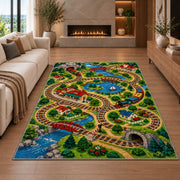 Train Track Play Rug in a living room with a fireplace