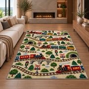 Train Pattern Rug in a living room with a fireplace