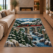 Mountain Train Bridge Rug in a living room with a fireplace
