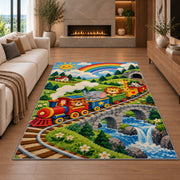 Wooden Toy Train Rug in a living room with a fireplace