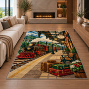 Vintage Train Station Rug in a living room with a fireplace