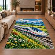 High Speed Train Rug in a living room with a fireplace