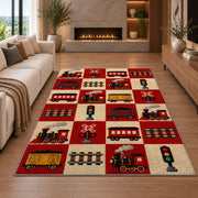 Retro Train Checkered Rug in a living room with a fireplace