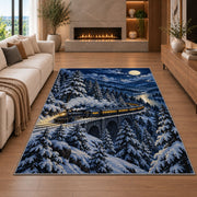 Winter Night Train Rug in a living room with a fireplace