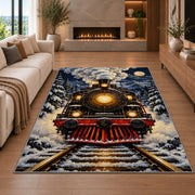 Steam Locomotive Front View Rug in a living room with a fireplace