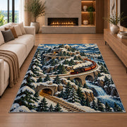 Mountain Railway Rug in a living room with a fireplace