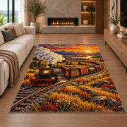Freight Train Sunset Rug in a living room with a fireplace