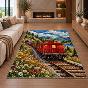 Red Caboose Rug in a living room with a fireplace