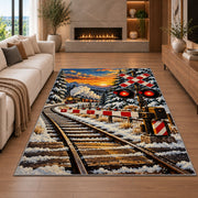 Railroad Crossing Rug in a living room with a fireplace