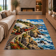 Coastal Train Rug in a living room with a fireplace