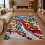 Christmas Village Train Rug in a living room with a fireplace
