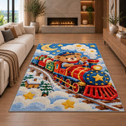 Teddy Bear Train Rug in a living room with a fireplace