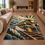 Art Deco Train Rug in a living room with a fireplace